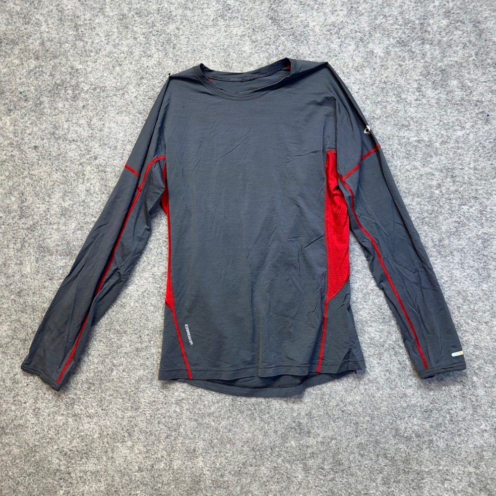 Icebreaker GT Merino Wool Base Layer Mens Small Gray Red Long Sleeve Thumbholes